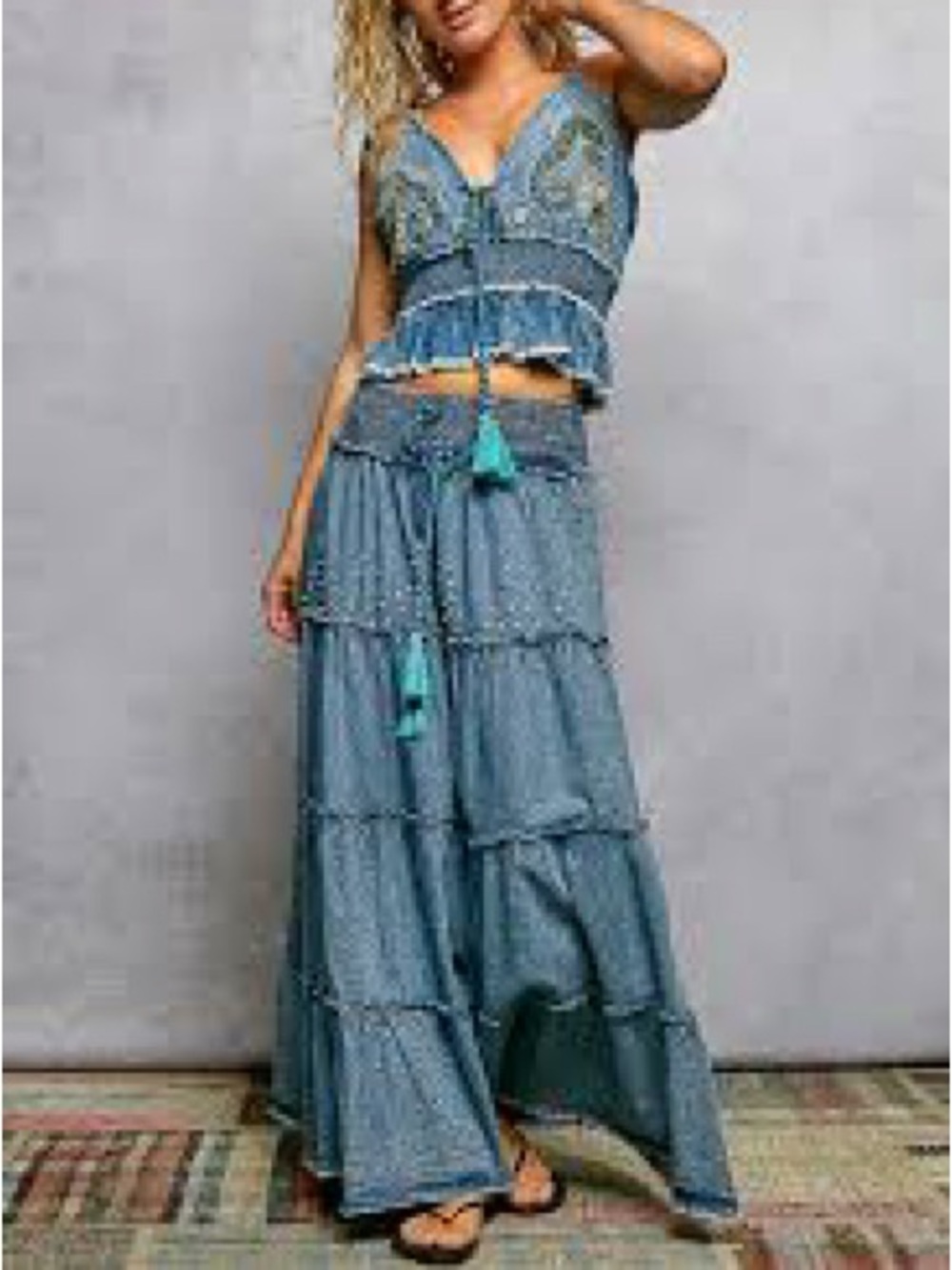 POL Bohemian Tiered Denim Maxi Length Smocked Waist Beaded Skirt - Picture 10 of 10